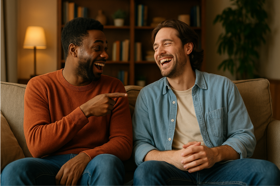 Friends laughing on couch