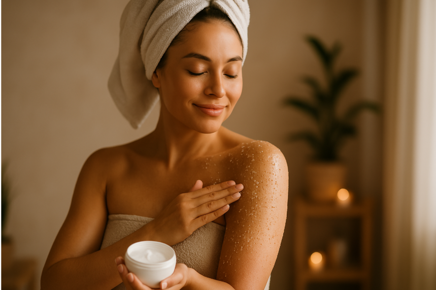 Woman applying body scrub