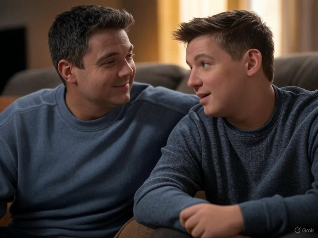 Two men talking closely.