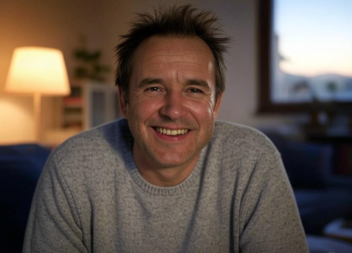 Man smiling in cozy room.