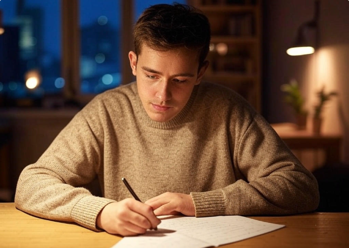 Person writing at desk.
