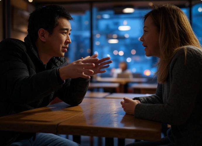 Two people talking in cafe.
