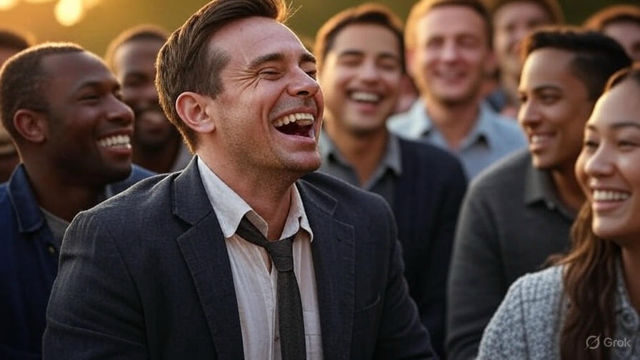 Group laughing at sunset.