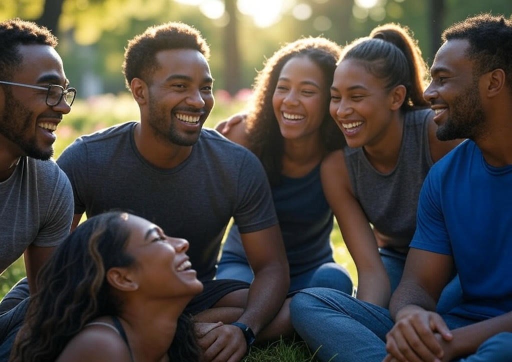 Friends laughing in park.