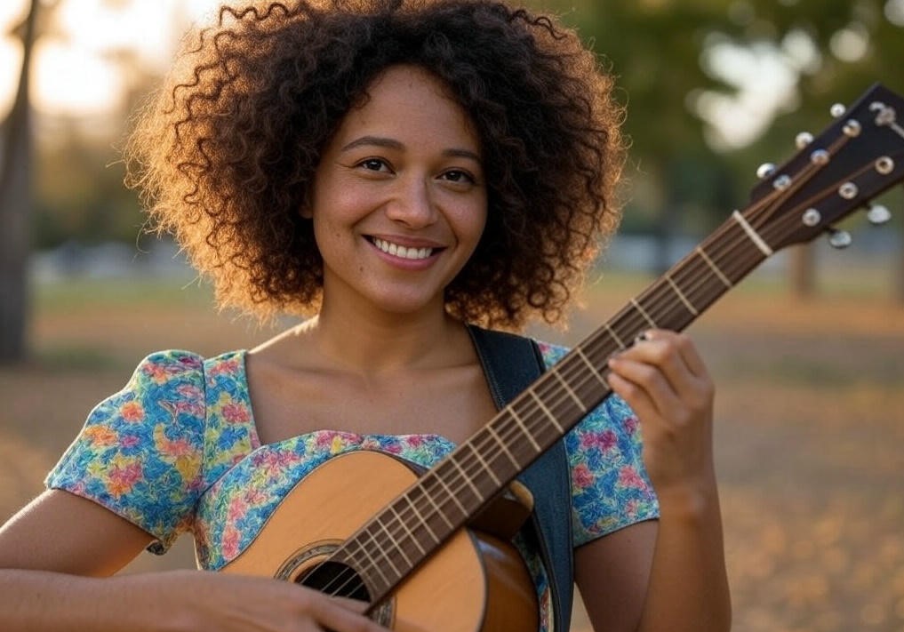 Woman playing guitar outdoors.