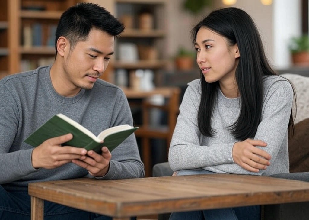 Two people reading together.