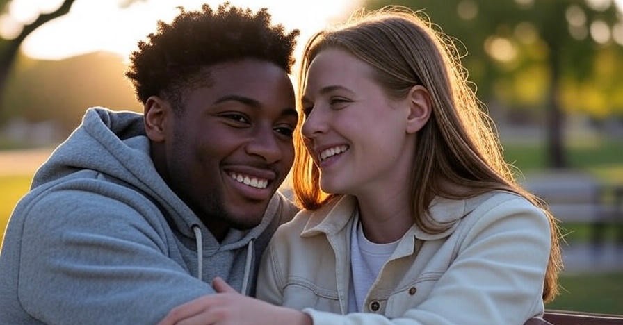 Couple smiling in park.