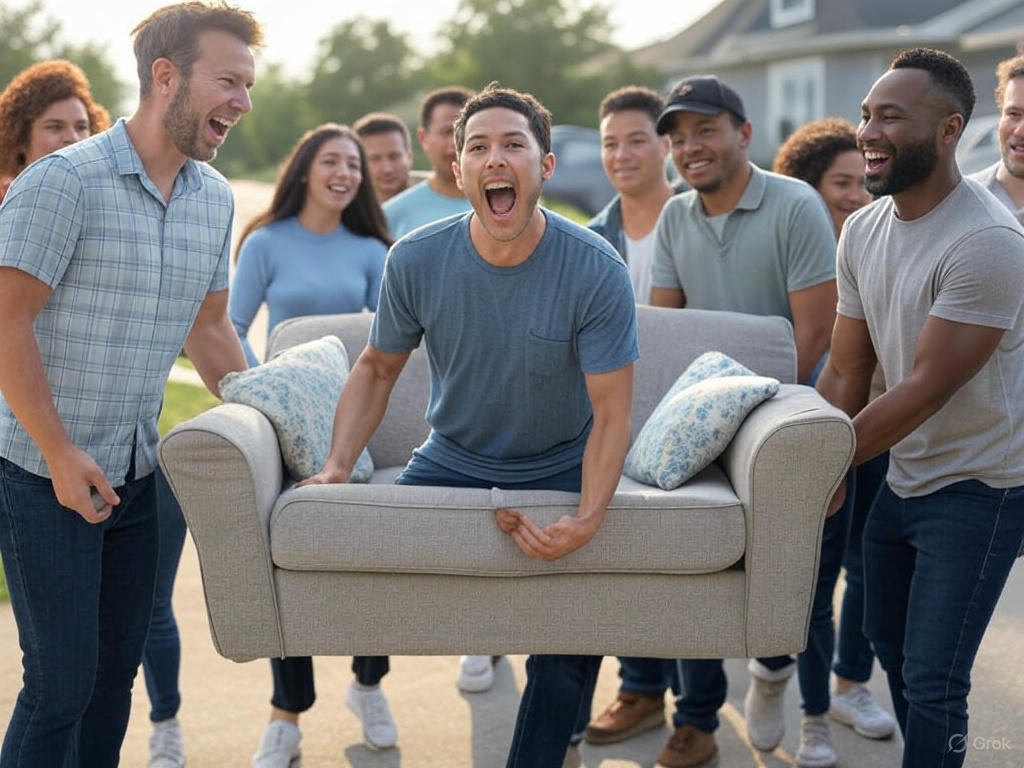 Group joyfully moves couch.