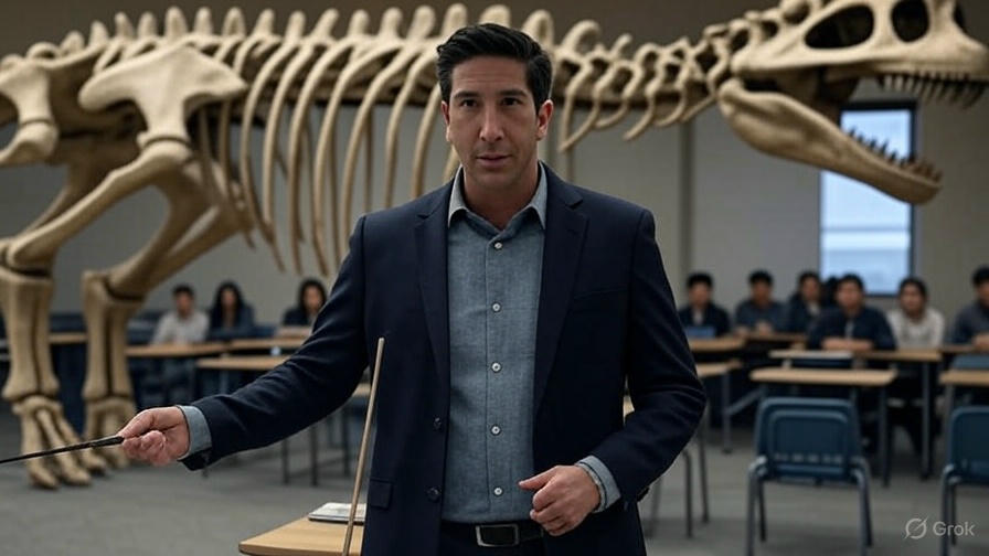 Professor lecturing with dinosaur skeleton.