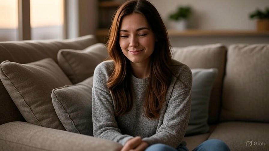 Woman smiling on couch.