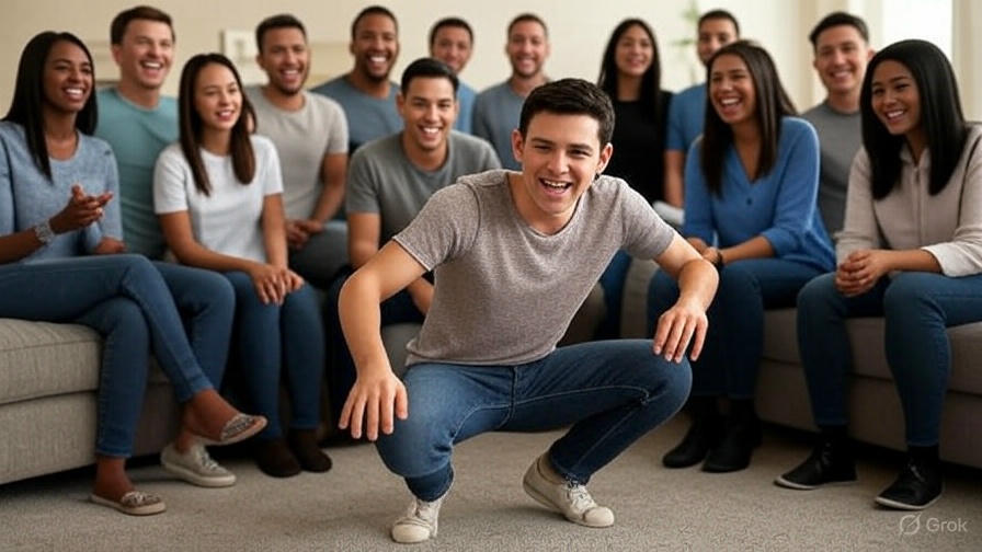 Group laughing in living room.