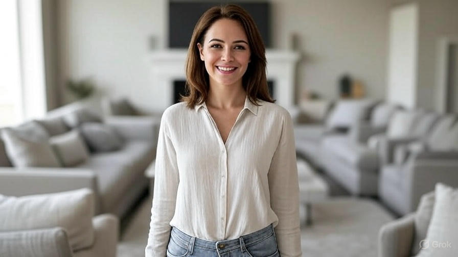 Woman smiling in living room.