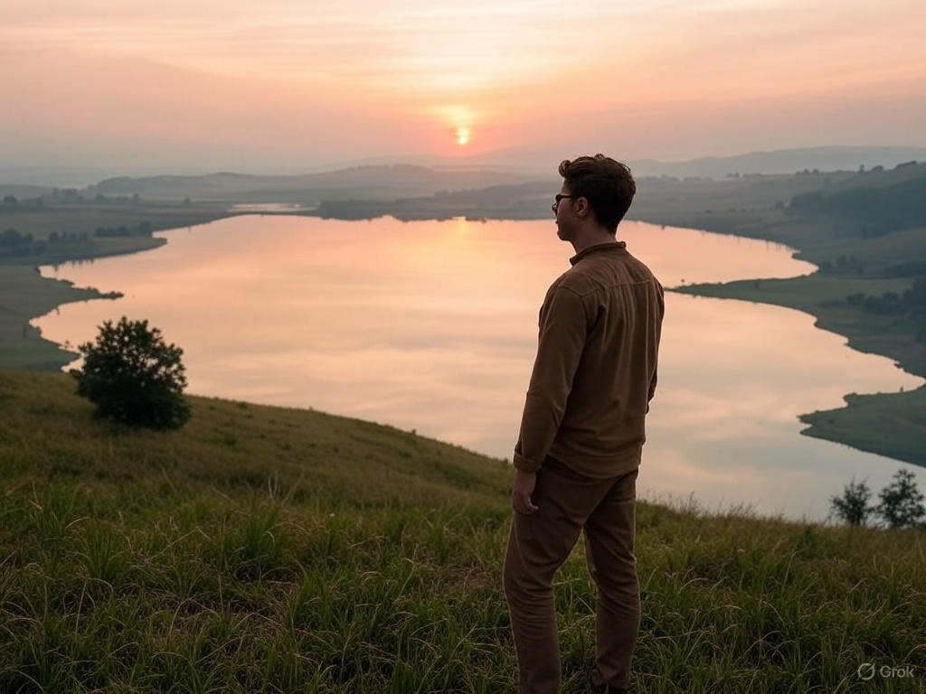 Man watching sunset over lake.