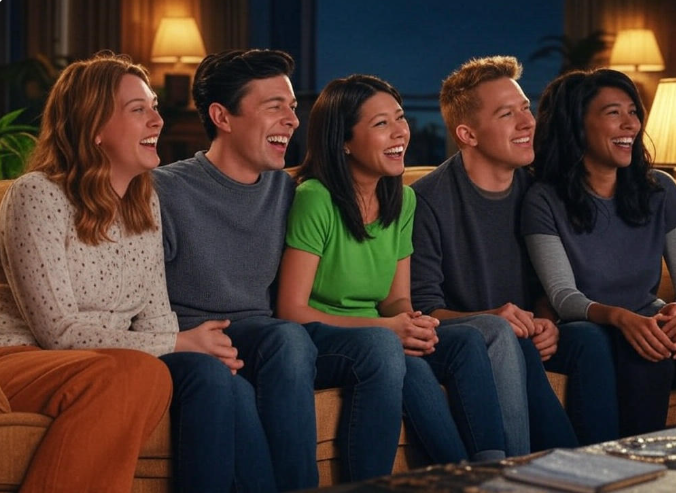 Friends laughing on couch.