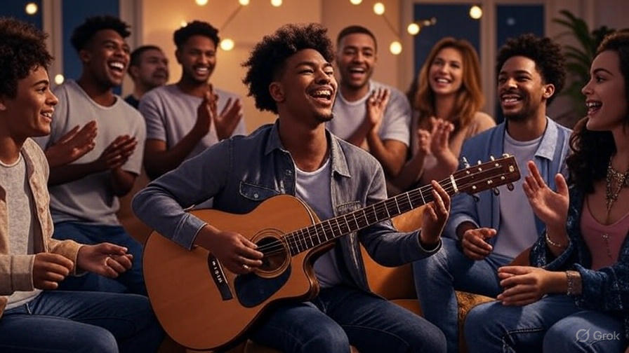 Group enjoying guitar performance.