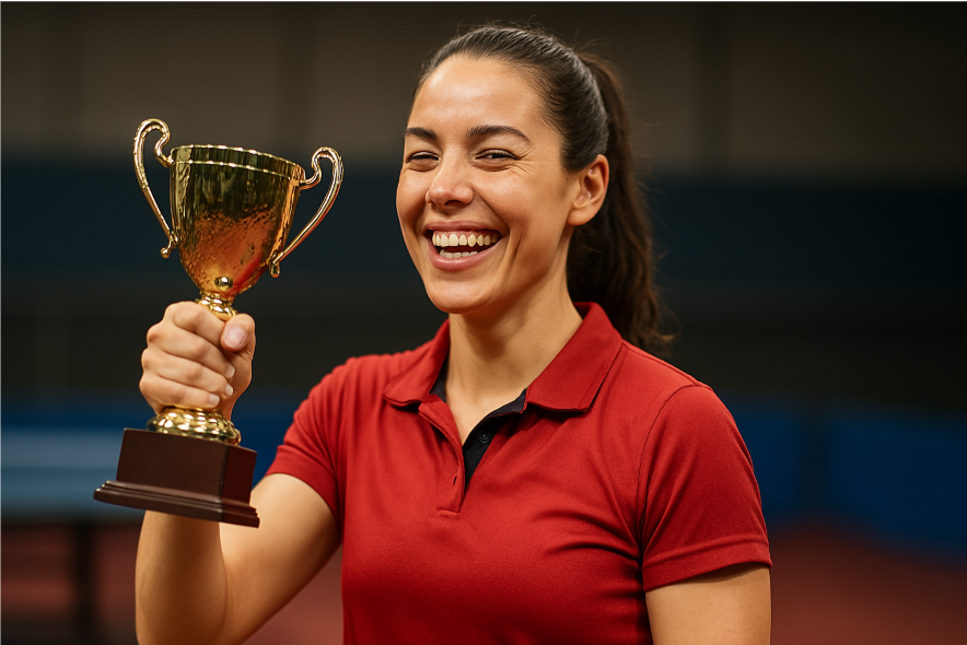 Smiling champion holding trophy