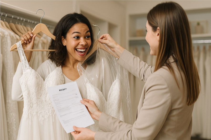 Bride receiving wedding dress.