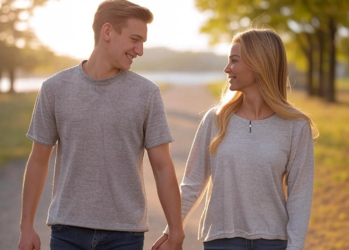 Couple walking hand-in-hand outdoors.