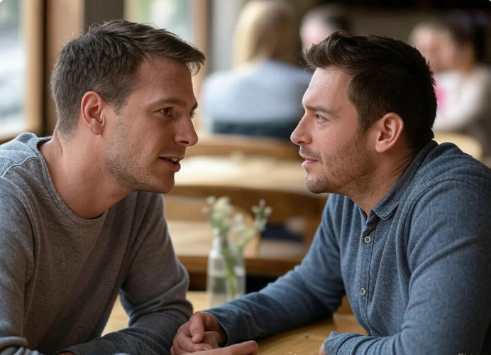 Two men talking in cafe.