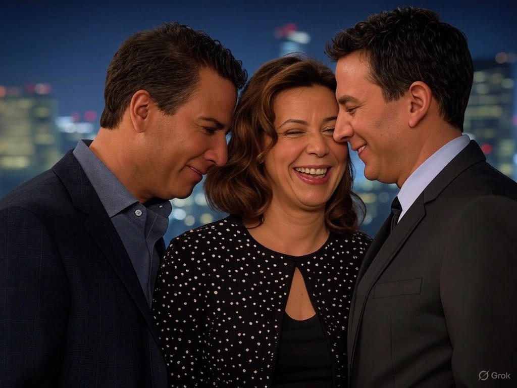 Three people smiling together.