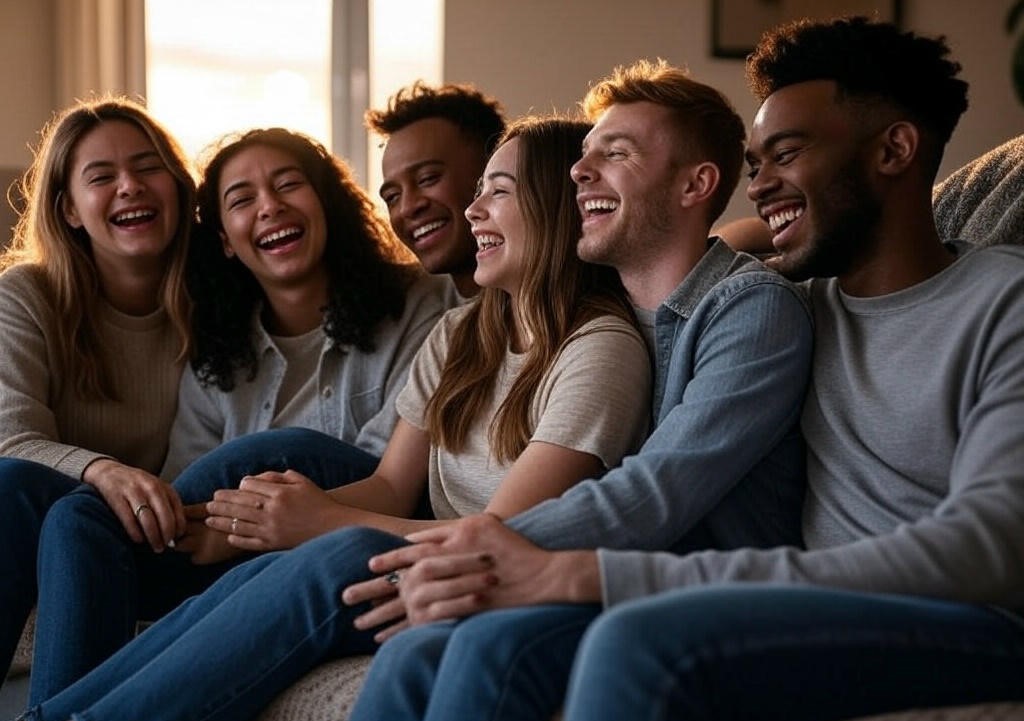 Friends laughing on couch.