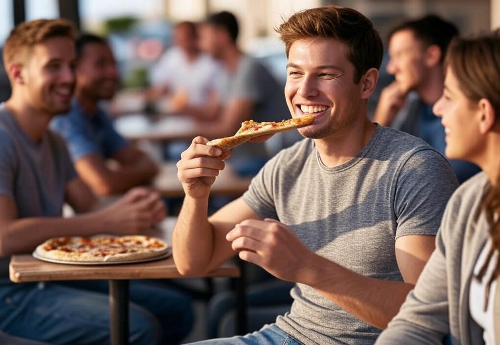Friends enjoying pizza together.