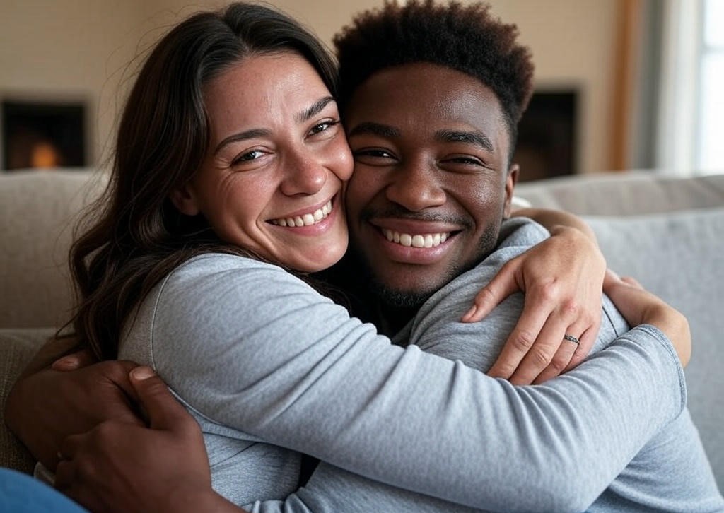 Couple hugging on couch.