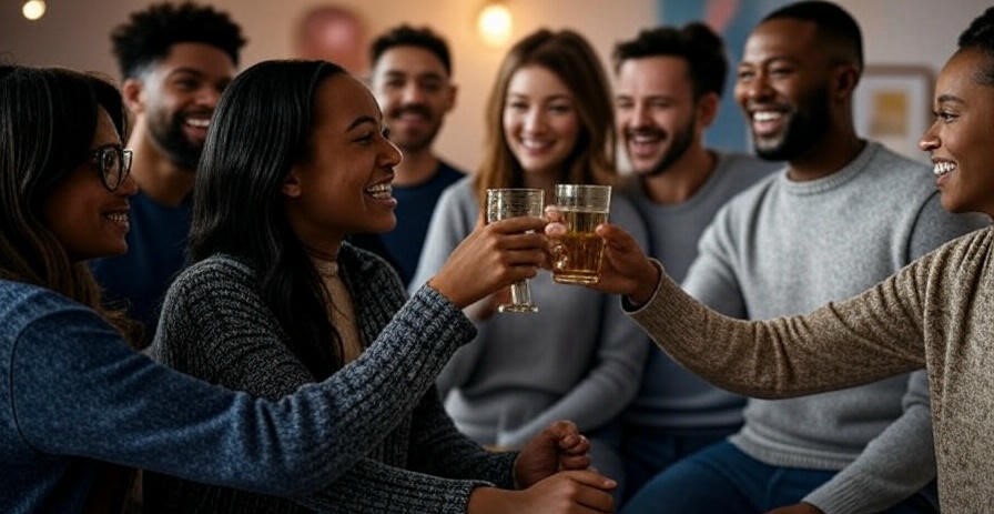 Friends toasting with drinks.