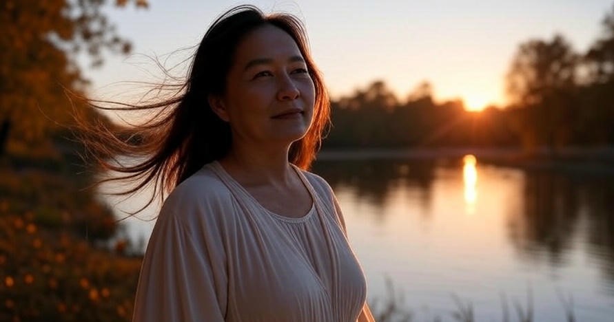 Woman at sunset by lake.