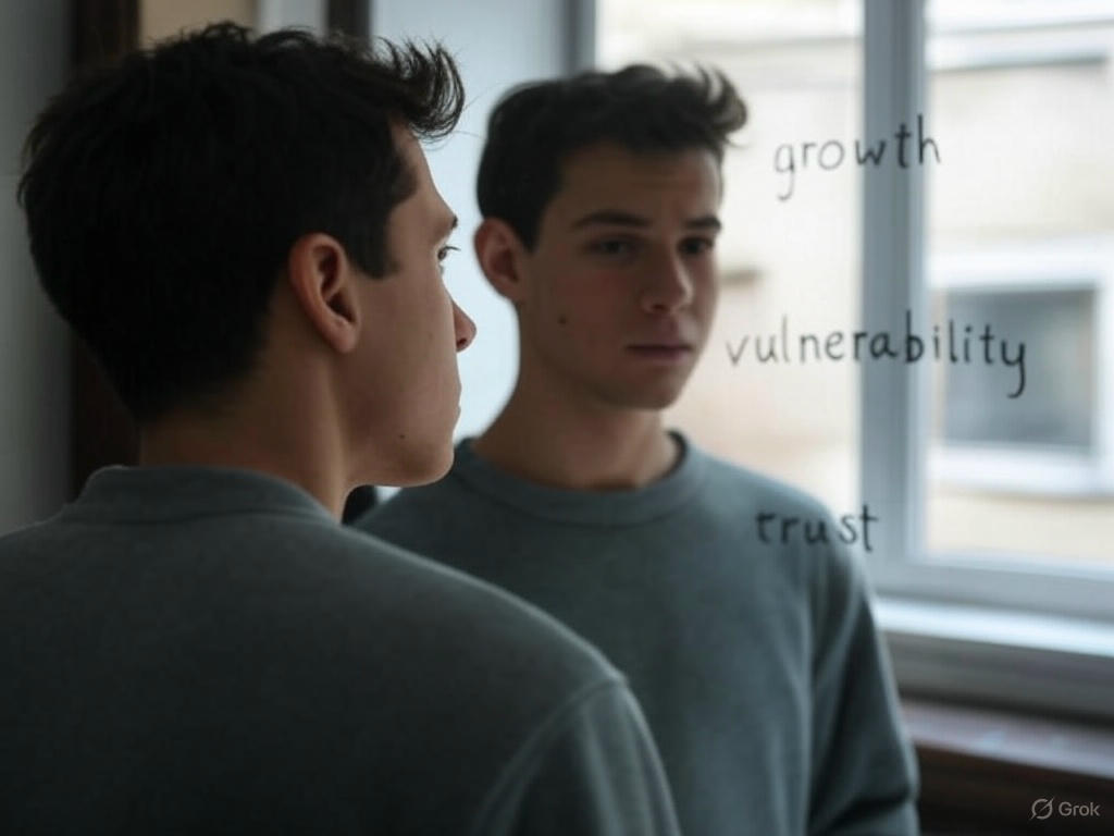 Boy reflecting near window.