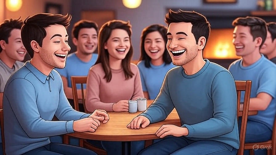 Friends laughing at table.