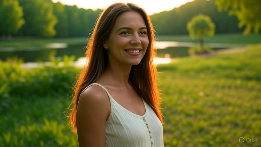 Woman smiling by lake.