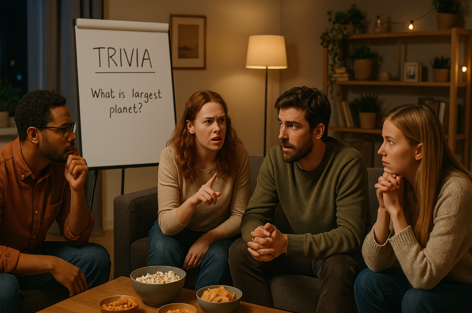 Friends pondering trivia question.