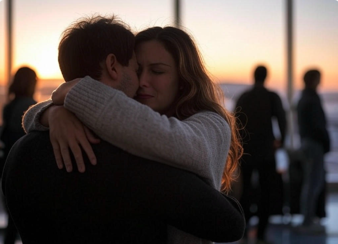 Couple hugging in airport.
