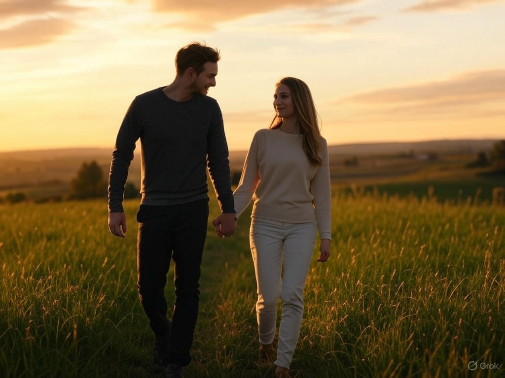 Couple walking at sunset.