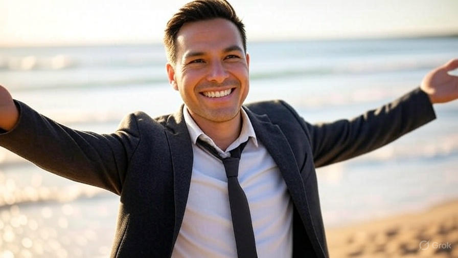Man on beach, arms outstretched.