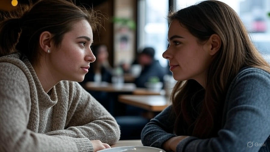 Two women chatting in cafe