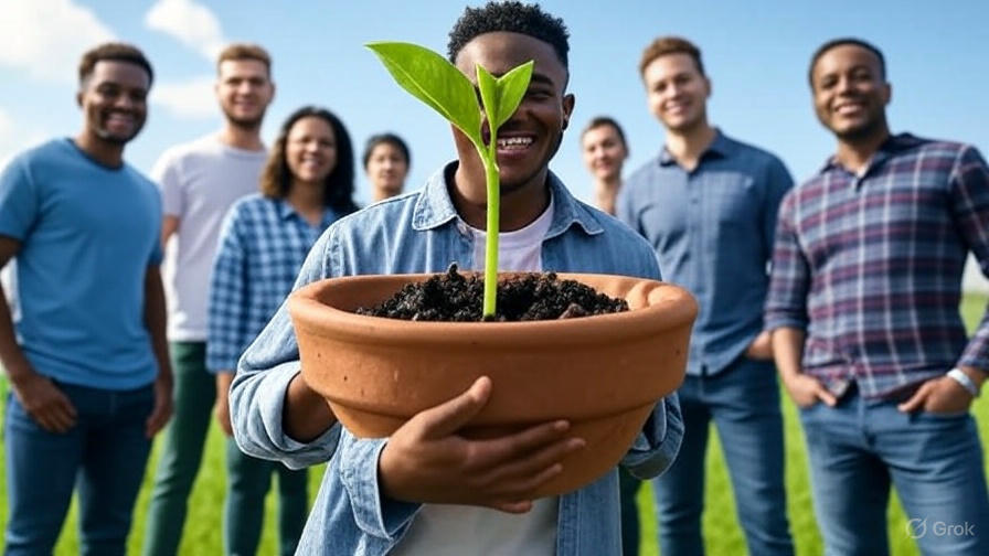 Youth holding plant proudly.