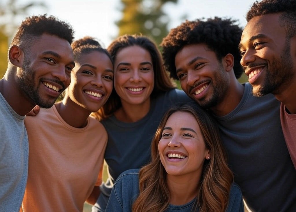 Group smiling outdoors together.