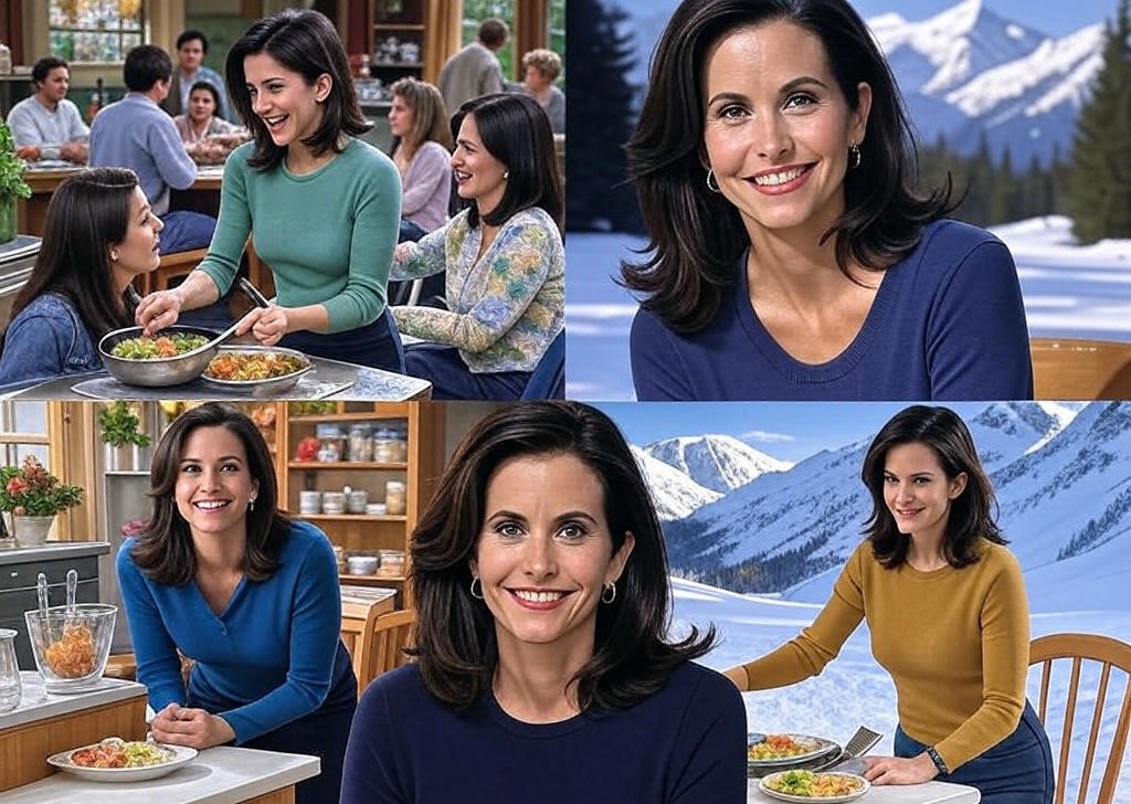 Woman cooking with mountains.