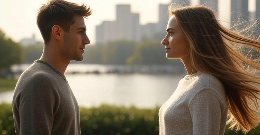 Couple gazing by lake.