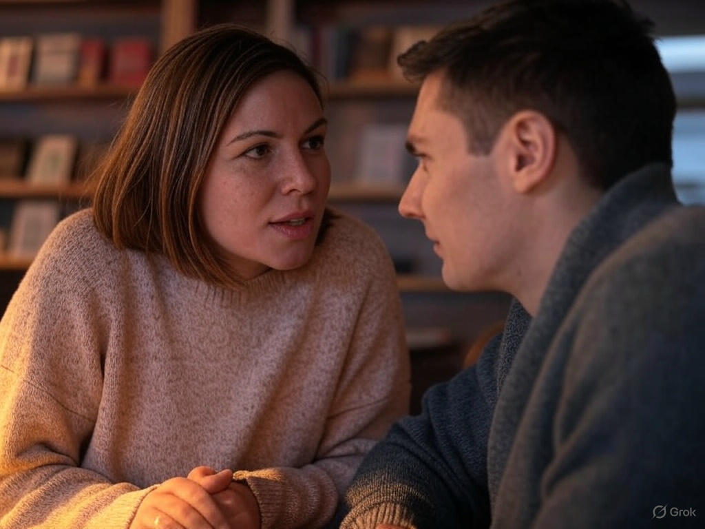 Couple conversing in library.