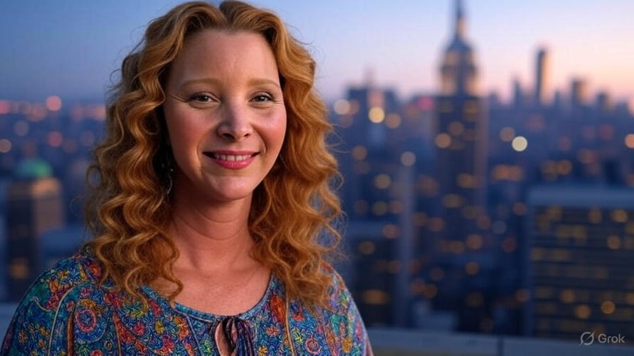 Woman smiling with cityscape.