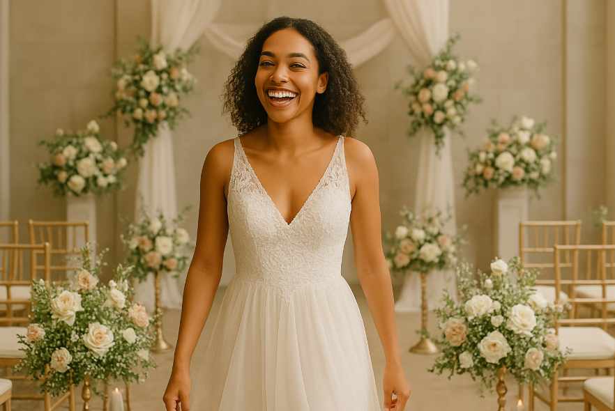 Smiling bride in chapel