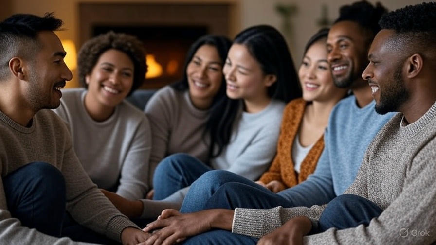 Friends laughing by fireplace.
