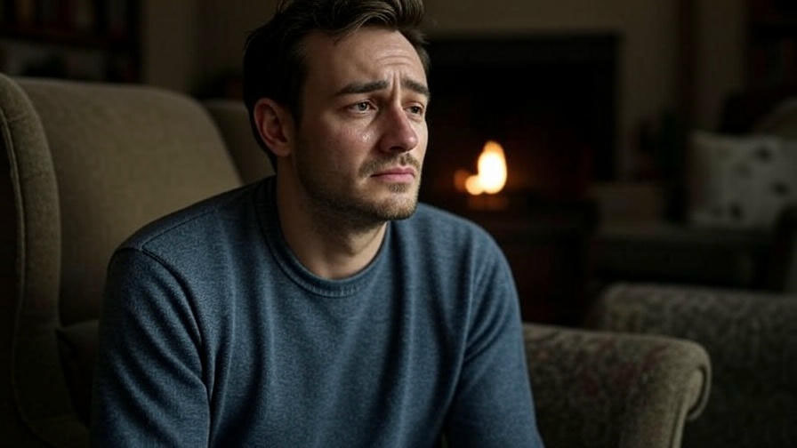 Man by fireplace, sad