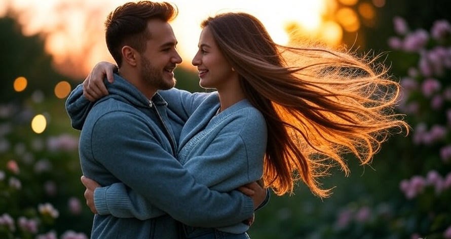 Couple embracing at sunset.