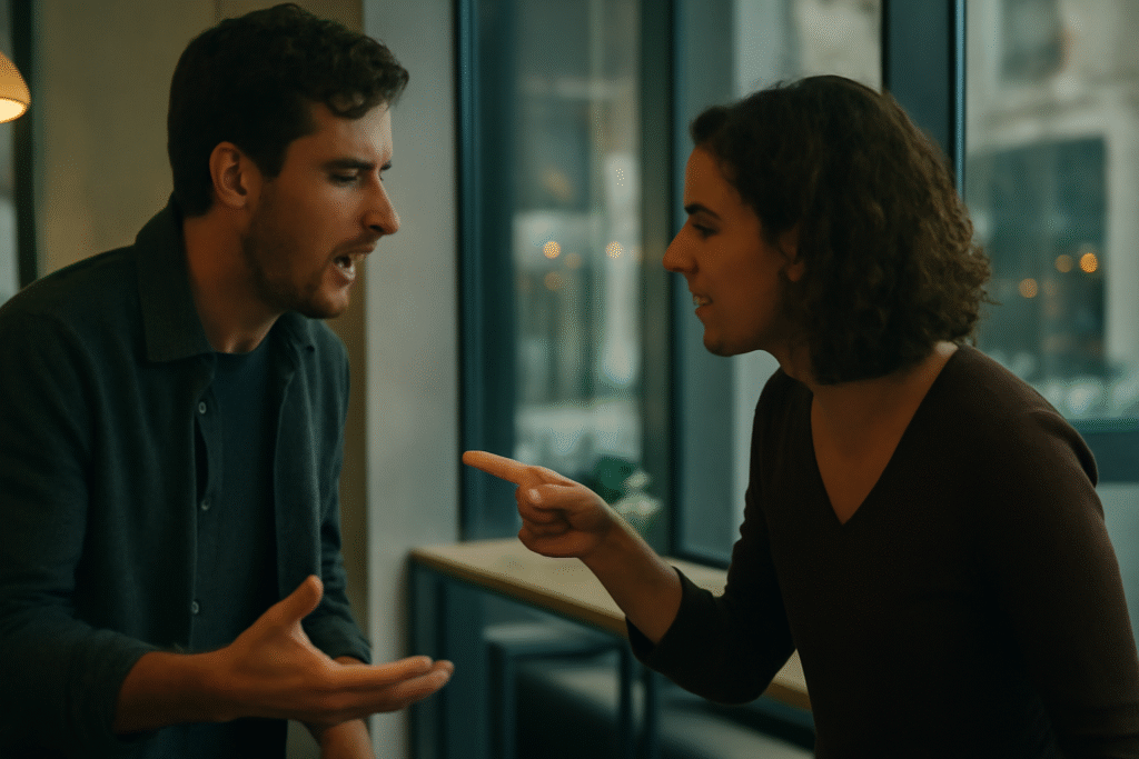 Intense couple arguing indoors