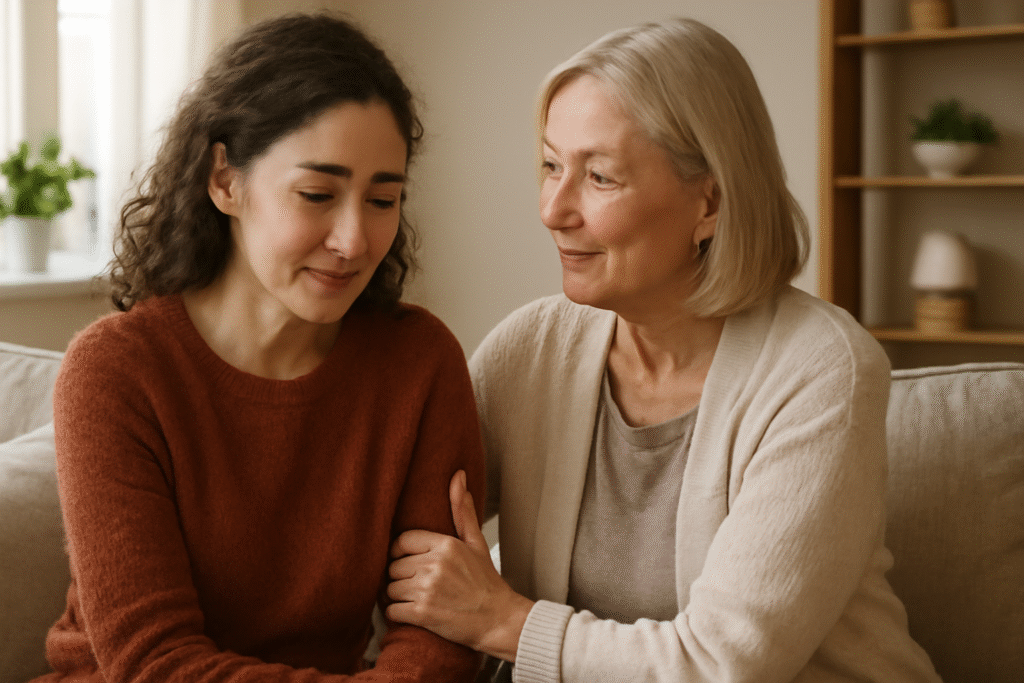Mother comforting daughter warmly