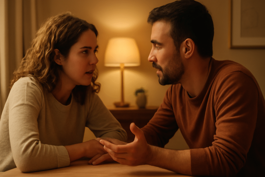 Couple discussing at table